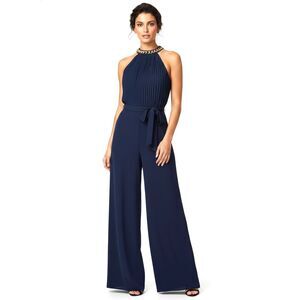 NWT Marina Womens Medium Navy Jumpsuit Pleated High Neck Wide Leg Formal Wedding